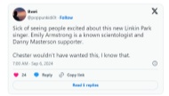 “科学教派”信徒担任林肯公园新主唱一事引发歌迷抵制，当事人忙撇清