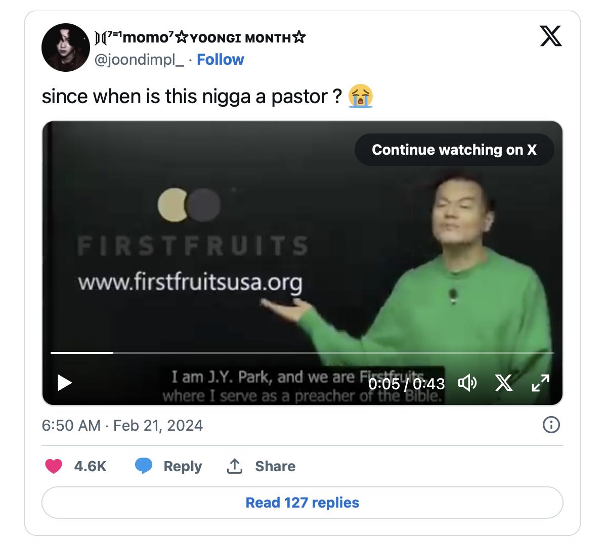 网友在社交平台X账号中对朴振英的宣传视频质疑：“什么时候起这位老兄当上了牧师？”（原文X平台视频截图）279041(1).jpg